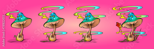 Toxic mushroom smoking animation set isolated on pink background. Vector cartoon illustration of retro style groovy fungus with eyes and mouth, exhaling poisonous smoke in air, hallucination effect