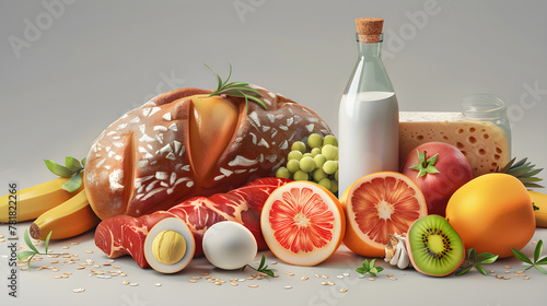 logo of bread, fruits, meat, eggs, bottle of milk , vegetables