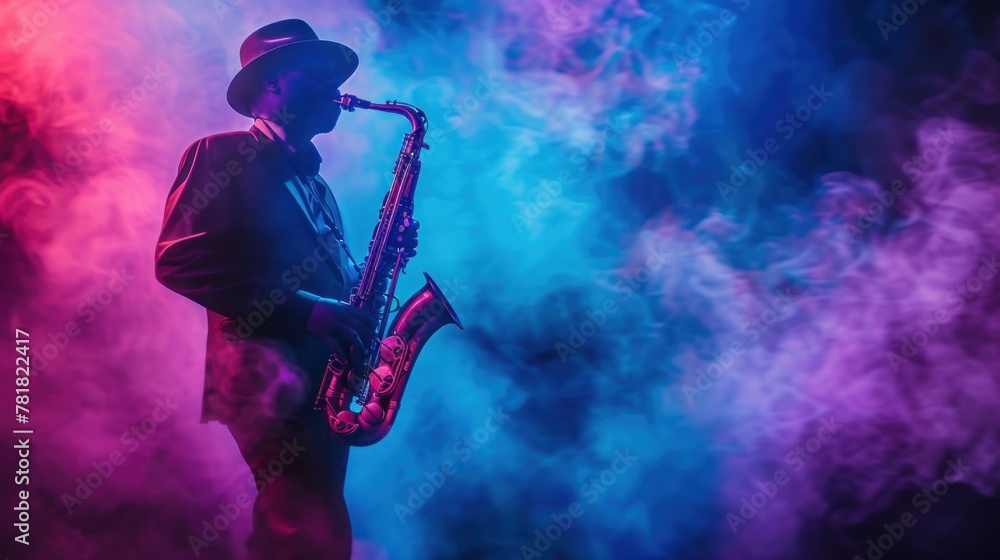 A man playing a saxophone in a smoky room. The room is filled with smoke and the man is wearing a hat