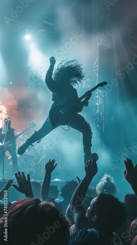 A man is playing a guitar on stage while a crowd of people watch