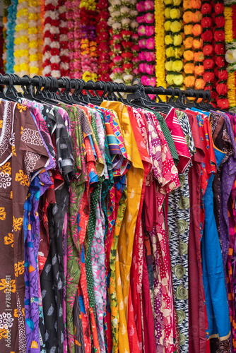 Colorful Indian costumes selling in front of the boutique shop in Brickfields Little India.