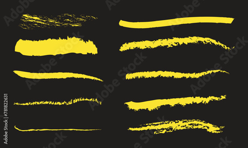 Highlight marker. Yellow marker underline. Lines for brush. Pen mark. Highlight pencil. Set of strokes with black background.
