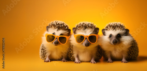 Creative animal concept. Group of hedgehog friends in sunglass shade glasses isolated on solid pastel background, commercial, editorial advertisement, copy text space 
