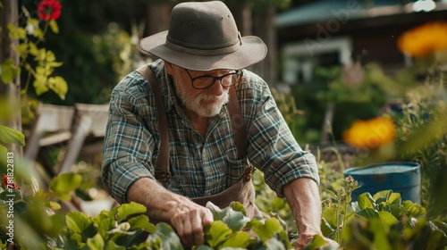 Hobby straw hat botany planting occupation, senior man working in his garden