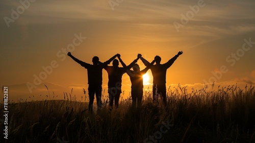 Friendship grass enjoyment family freedom, happy people standing in field at sunset