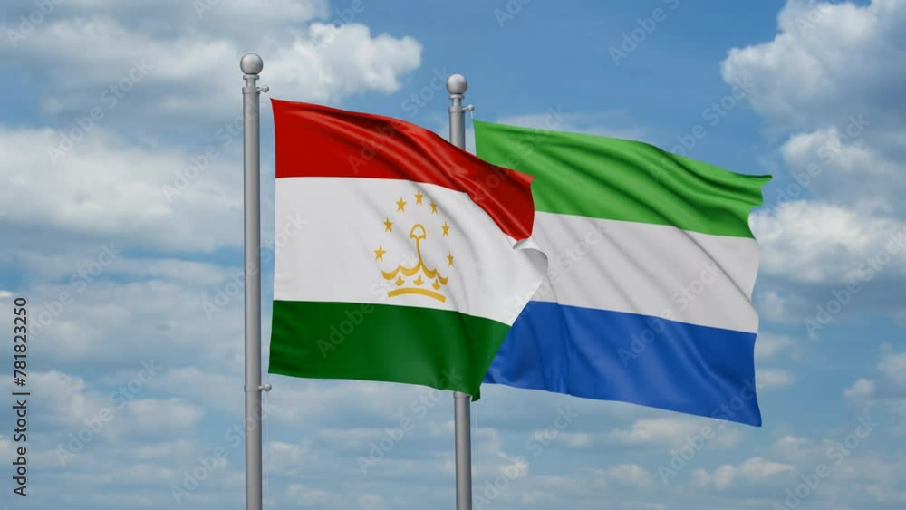 Sierra Leone or Salone and Tajikistan two flags waving together, looped video, two country cooperation concept Sierra Leone or Salone and Tajikistan two flags waving together, looped video, two country cooperation concept