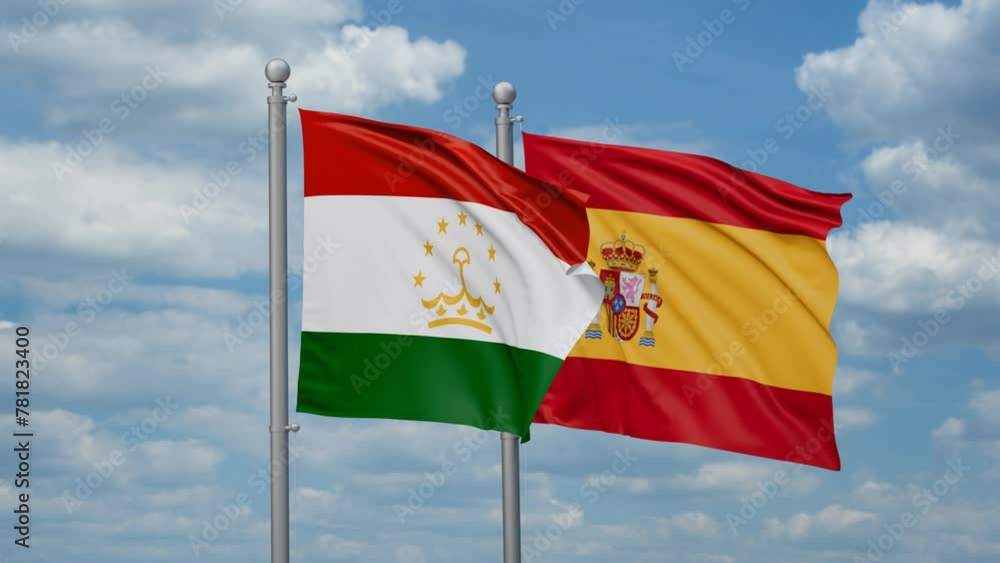 Spain and Tajikistan two flags waving together, looped video, two country cooperation concept Spain and Tajikistan two flags waving together, looped video, two country cooperation concept