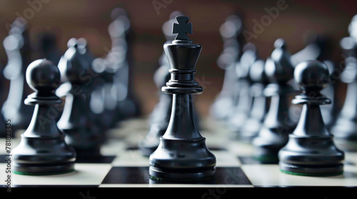 Closeup of chess pieces on a board with the king front and center © Vivid Pixels