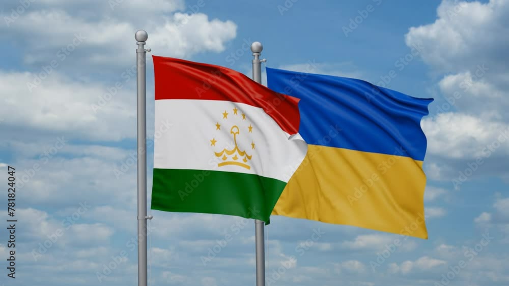 Ukraine and Tajikistan two flags waving together, looped video, two country cooperation concept Ukraine and Tajikistan two flags waving together, looped video, two country cooperation concept