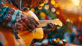  traditional attire, playing a guitar with passion, a sombrero tilted on their head, maracas lying on a nearby table, warm evening light casting a soft glow on the scene. 