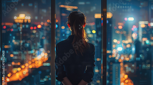 A businesswoman in her office looking out the window at a night view of the city and skyscrapers  symbolizing success and modern business style. Generative AI.