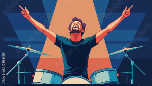 A bands drummer takes a moment to stretch and shake out his arms nerves evident in his furrowed brow as he mentally prepares for the adrenaline