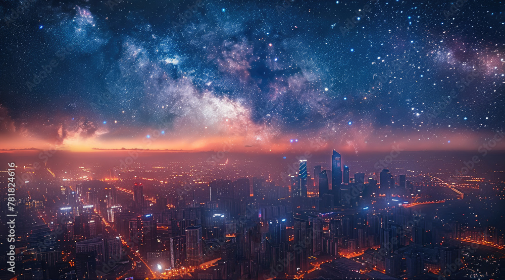 Fototapeta premium A sprawling cityscape is bathed in the ethereal glow of a starry night sky, the mesmerizing beauty of urban lights. Aerial high view. Generative AI.