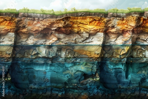 Schematic abstract cut geological structure of earth layers groundwater layer with minerals. Generative AI