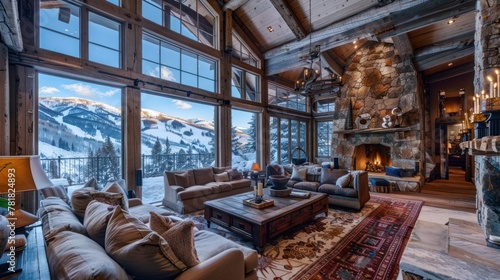 a luxury ski chalet nestled in the mountains, featuring rustic yet elegant interiors, and panoramic views of snow-capped peaks 