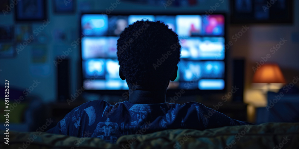 Sedentary entertainment addicted lifestyle. Addiction to technology gadgets and media concept. Back of school teenage boy choosing watching tv screen select channel what to watch when staying at home