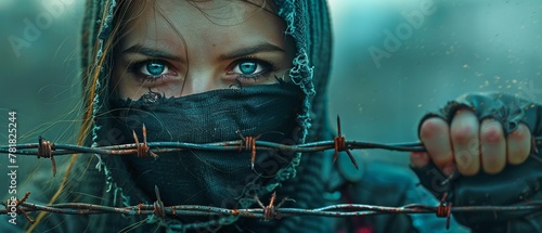 Against tyranny and against the idea of ​​oppression, an image of a young woman wearing a mask holding barbed wire. photo