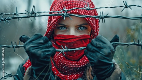 Against tyranny and against the idea of ​​oppression, an image of a young woman wearing a mask holding barbed wire. photo