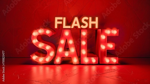 Text "FLASH SALE" for an advertisement banner or poster featuring 3D lights set on a crimson backdrop. © Sawitree88