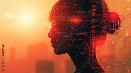 AI Overlord, Glowing Circuitry, Reigning Over Subjugated Masses, Balancing Control and Chaos, Dystopian Nightmare, Digital Illustration, Silhouette Lighting, Lens Flare