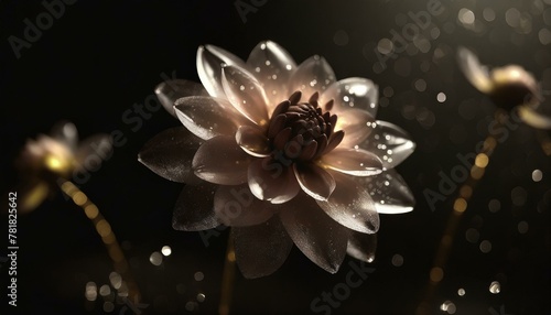 water drops on a flower, Glass dahlia, stainless steel background, soft light black background, Ai Generate 
