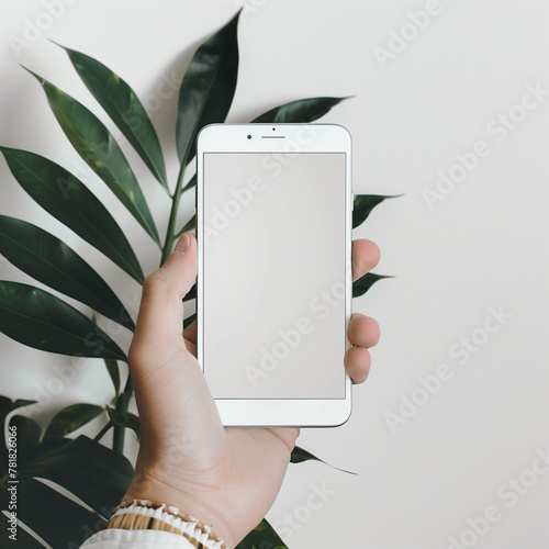 Hand Holding Smartphone with Blank Screen - Close-up of a hand holding a modern smartphone with a blank screen, set against a background with green foliage.