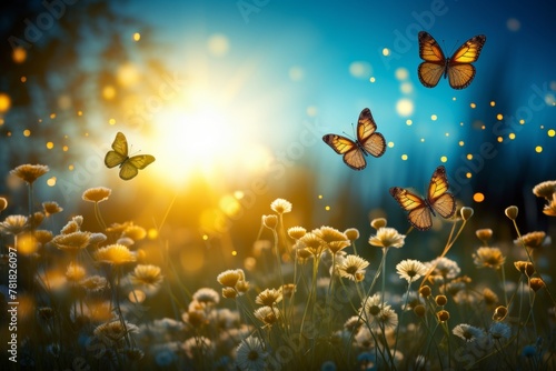 Tranquil scene with soft sunlight and butterflies fluttering in high resolution
