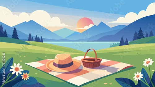 A peaceful solo picnic takes place in a sprawling meadow where a single picnic basket and a floweradorned hat lay on a blanket exuding a sense