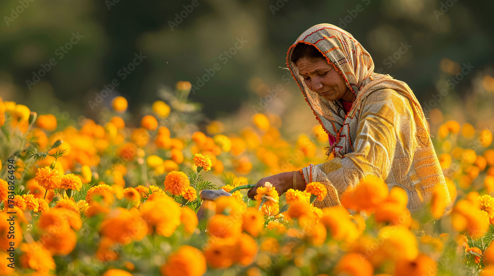 An indian woman farmer working in a field of orange marigold flowers ...