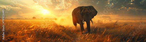 African Elephants, massive creatures, symbol of strength, stomping through a sunlit savannah, preservation triumph, photography, backlighting
