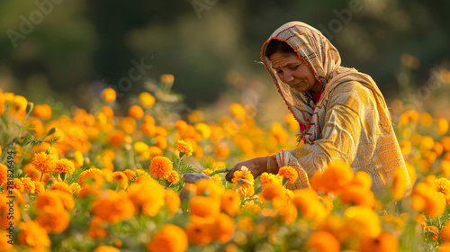 An indian woman farmer working in a field of orange marigold flowers.