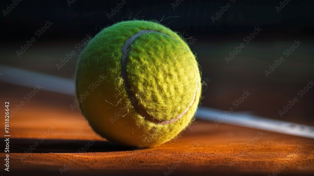  Tennis ball on a textured court with evening shadows.