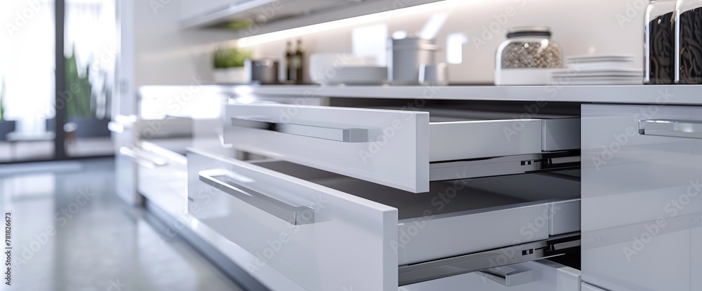 Interior renovation showcase of well designed modern trendy white kitchen, cabinet doors open, drawers retracted Interior renovation showcase of well designed modern trendy white kitchen, cabinet doors open, drawers retracted