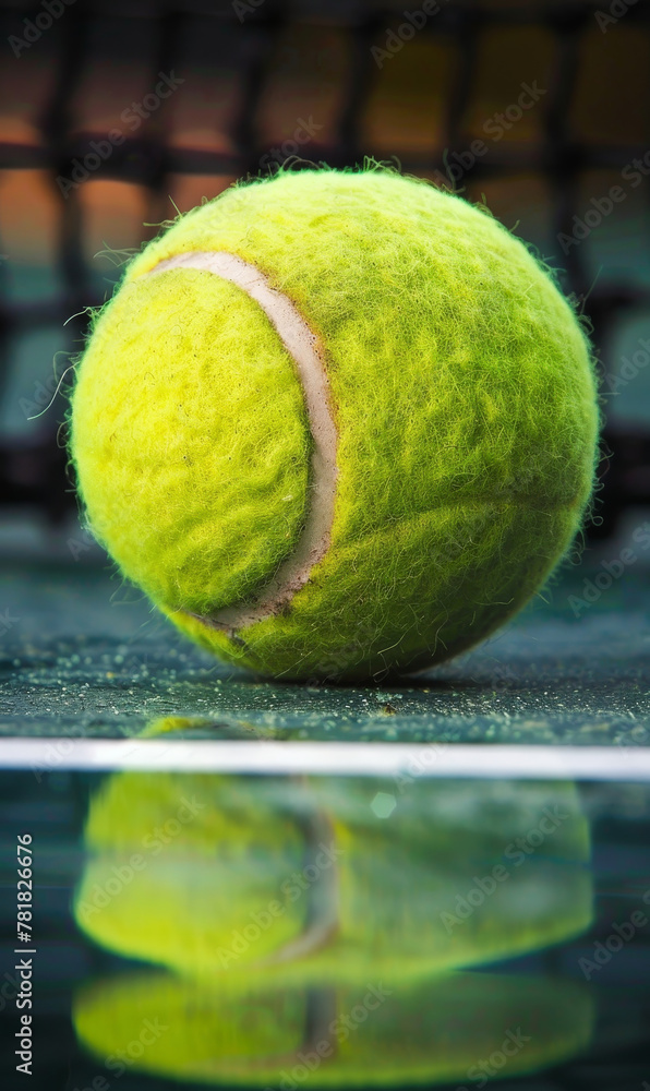 Tennis ball with a clear reflection on a wet surface.