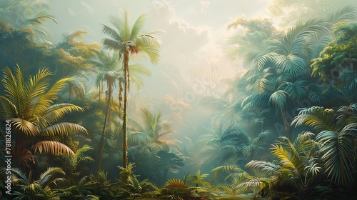 Ethereal tropical scene with muted tones, featuring towering trees and lush vegetation creating a sense of serenity and tranquility.
