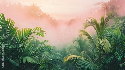 Dreamy tropical escape with muted tones, highlighting the majesty of palm trees and dense foliage against a serene sky.