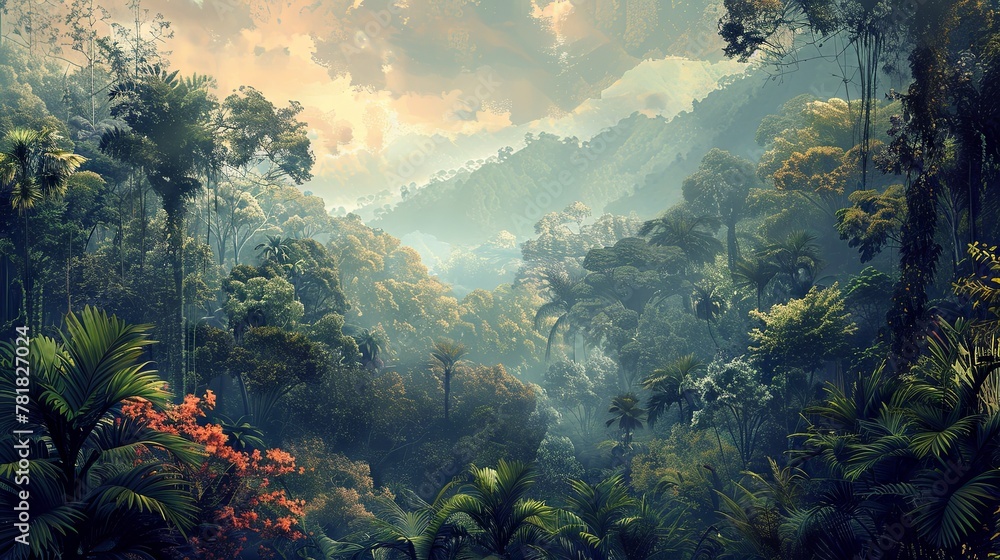 Spectacular view of a tropical forest in muted tones, accentuating the natural beauty of vibrant trees and dense foliage.