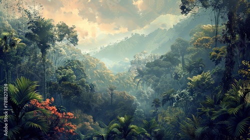 Spectacular view of a tropical forest in muted tones, accentuating the natural beauty of vibrant trees and dense foliage.