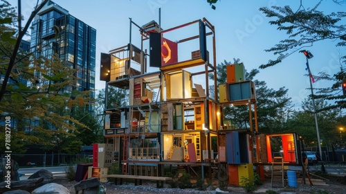 art installation using salvaged materials from the construction site, highlighting sustainability and creative reuse  photo