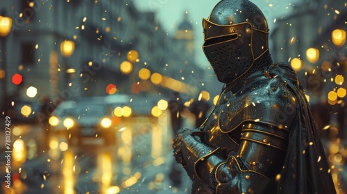 A knight, Modern Armor, Brave warrior from the past in a bustling city, Evening traffic, Realistic, Golden Hour, Depth of Field Bokeh Effect photo