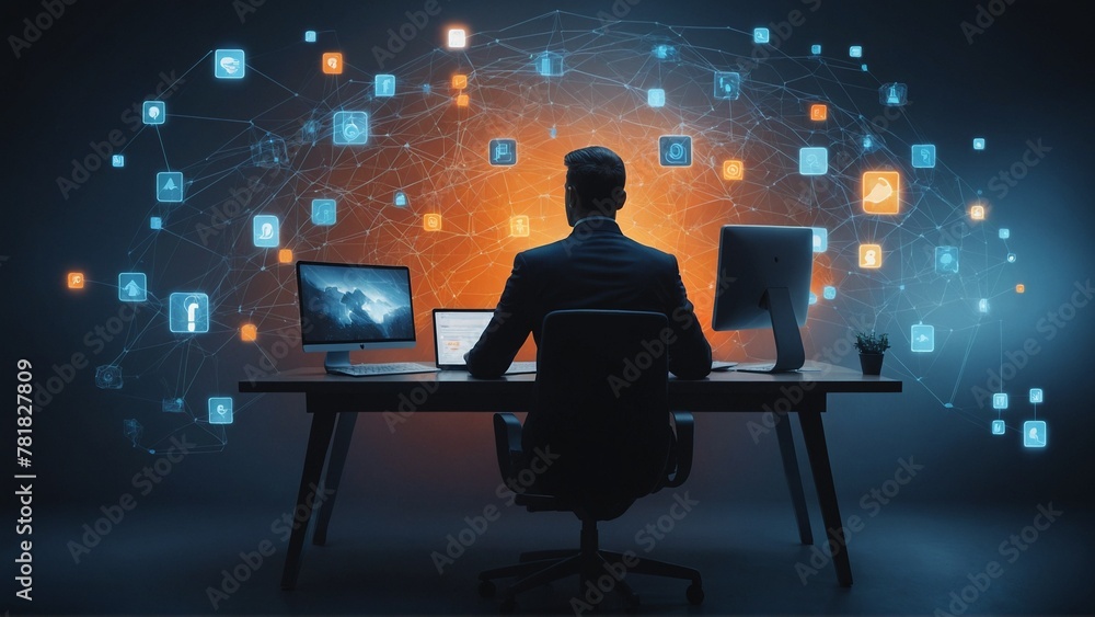 Social network theme hologram with businessman working on computer Social network theme hologram with businessman working on computer