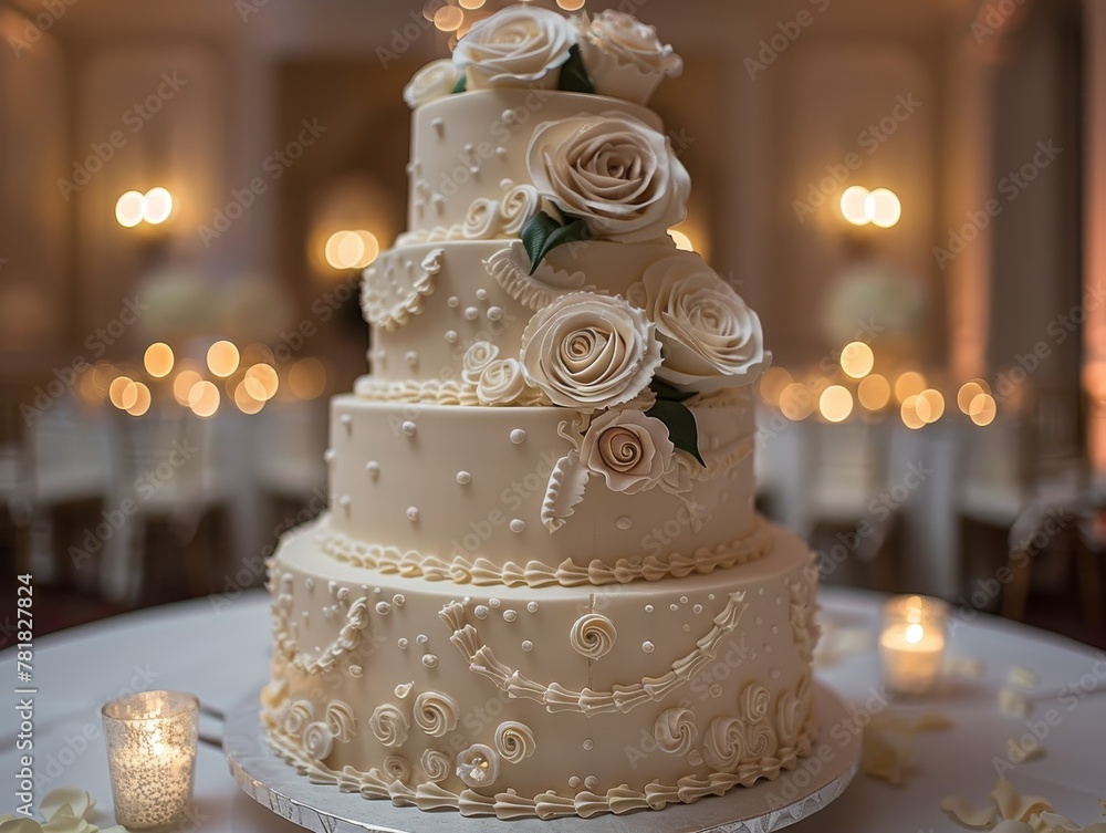 An elegant cake blends classic with modern, showcasing geometric lace in white and gold under upscale ballroom lighting. An elegant cake blends classic with modern, showcasing geometric lace in white and gold under upscale ballroom lighting.