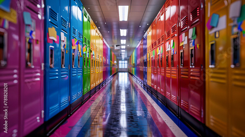 Quiet School Hallway with Lockers, Clean and Secure Educational Environment, Concept of Student Privacy and Safety photo