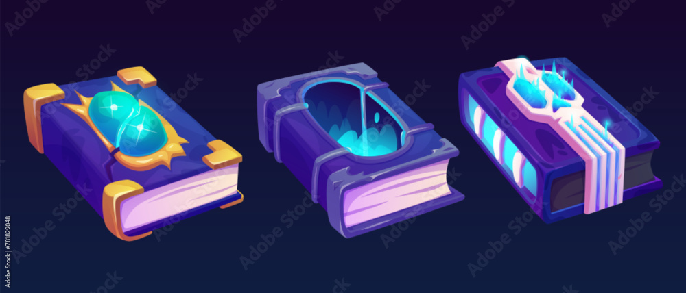 Obraz premium Old magic book for fantasy game vector ui icon. Wizard alchemy and spell grimoire with blue cover. Fairytale library clipart for witchcraft illustration. Medieval evil knowledge object with gem set