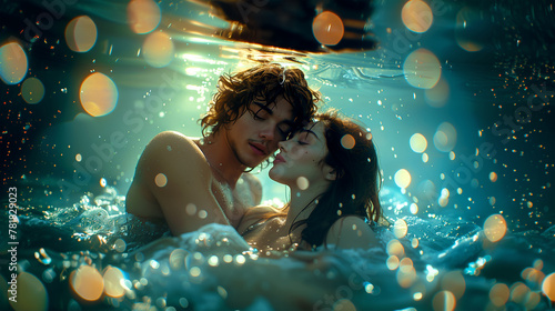 A beautiful young romantic couple in Love underwater, with their heads together, Sensual Summer Romance in the Ethereal Shimmering Sea with a bokeh effect photo