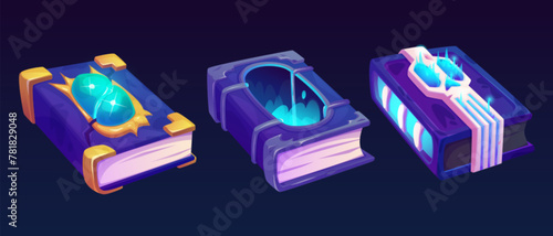Old magic book for fantasy game vector ui icon. Wizard alchemy and spell grimoire with blue cover. Fairytale library clipart for witchcraft illustration. Medieval evil knowledge object with gem set