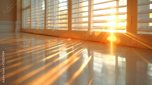 A smooth surface bathed in a soft gradient of dawn light  with the long shadows of window blinds stretching across  symbolizing the start of a new day. Generative AI.