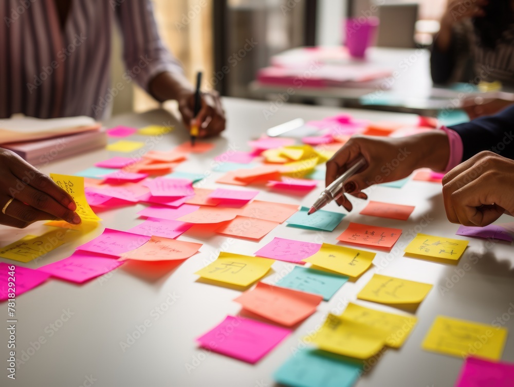 Fototapeta premium Close-up of multiple hands arranging an array of vibrant sticky notes on a white table during a collaborative project session.