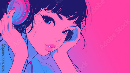 Cool Anime girl listening lofi music with headphones background . generative ai