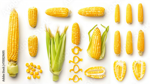 Top view of fresh corn cobs isolated on a white background, showcasing the golden kernels and lush green husks. This vibrant display highlights the natural beauty and ripeness of corn photo